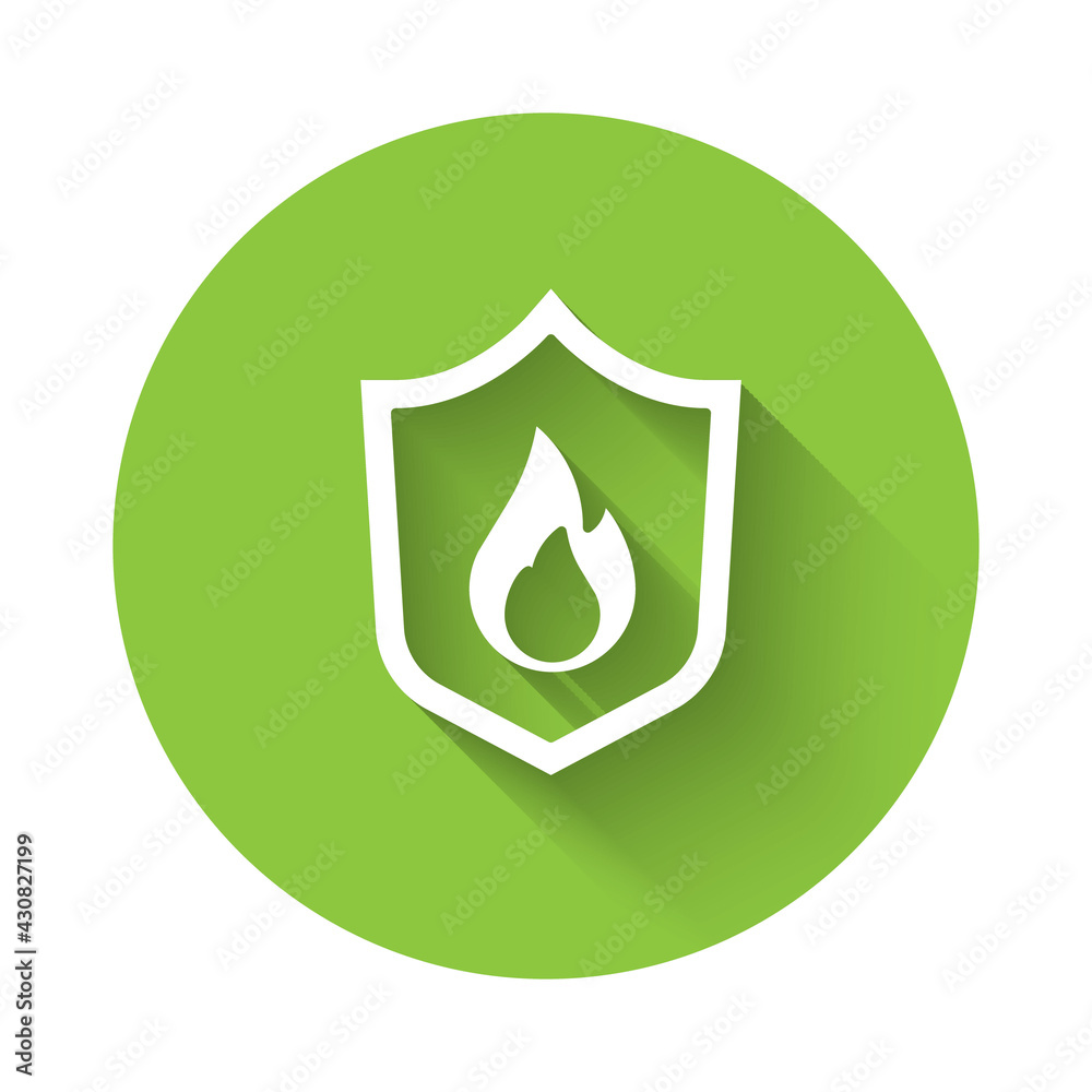 White Fire protection shield icon isolated with long shadow. Insurance concept. Security, safety, protection, protect concept. Green circle button. Vector White Fire protection shield icon isolated with long shadow. Insurance concept. Security, safety, protection, protect concept. Green circle button. Vector