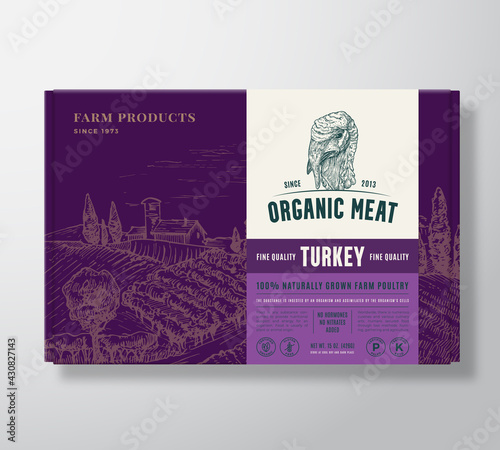 Premium Quality Poultry Mock Up. Organic Vector Meat Packaging Label Design on a Cardboard Box Container. Modern Typography and Hand Drawn Turkey Face and Rural Landscape Sketch Background Layout photo