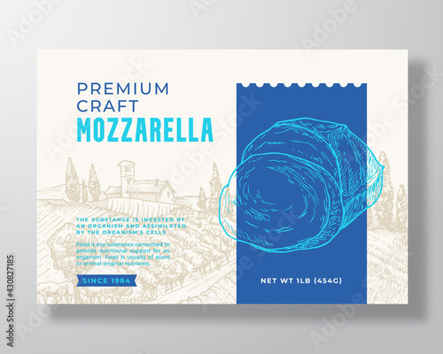 Premium Local Mozzarella Food Label Template. Abstract Vector Packaging Design Layout. Modern Typography Banner with Hand Drawn Cheese Piece and Rural Landscape Background. Isolated