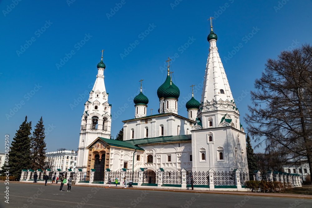 The Church of Elijah the Prophet in Yaroslavl on the central square on a sunny spring day.