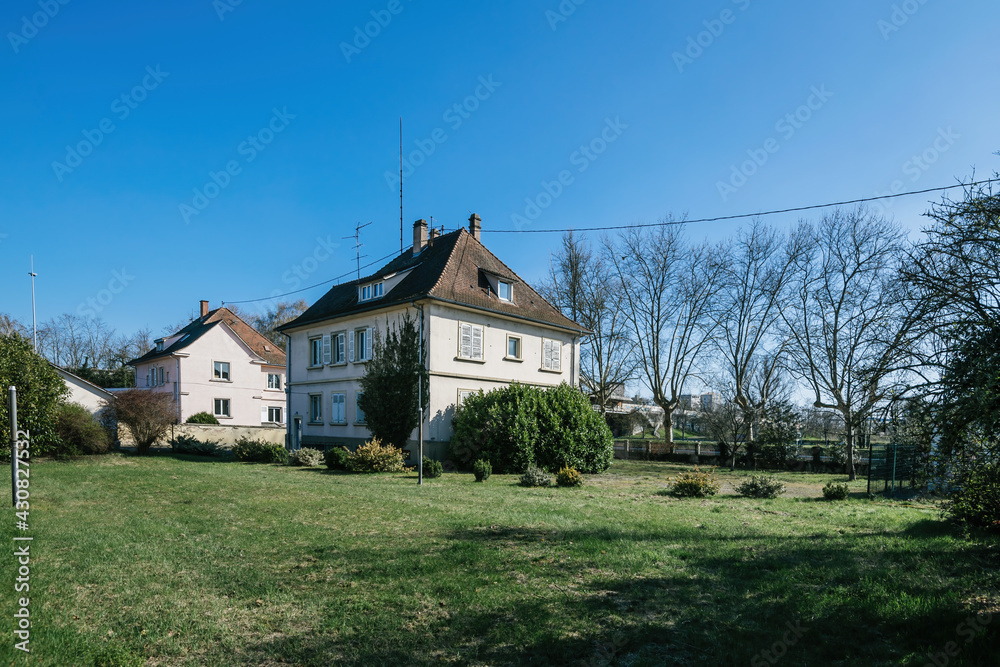 abandoned house with green lawn clear blue sky abandoned house with green lawn clear blue sky
