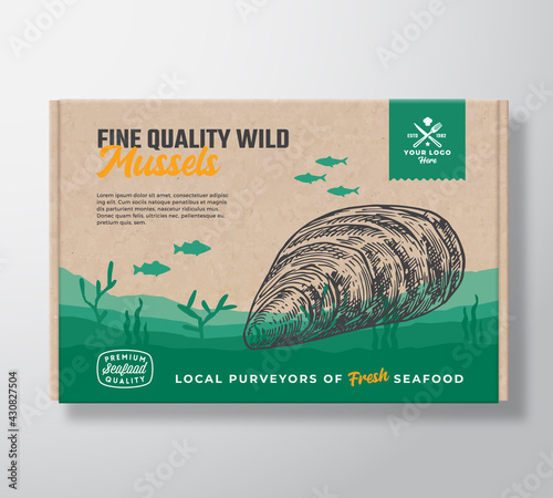 Fine Quality Seafood Cardboard Box. Abstract Vector Food Packaging Label Design. Modern Typography and Hand Drawn Mussel and Fishes Silhouettes. Sea Bottom Landscape Background Layout with Banner