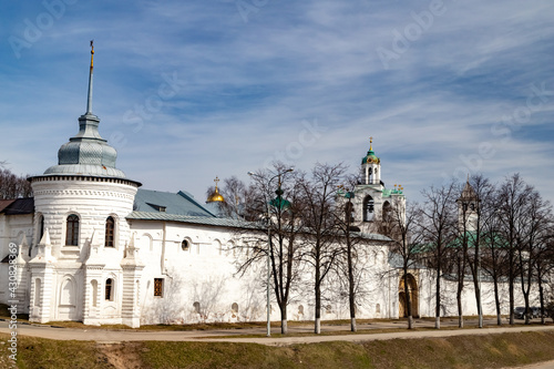 Yaroslavl white stone Kremlin on a sunny spring day panoramic view of the wall and the tower. photo
