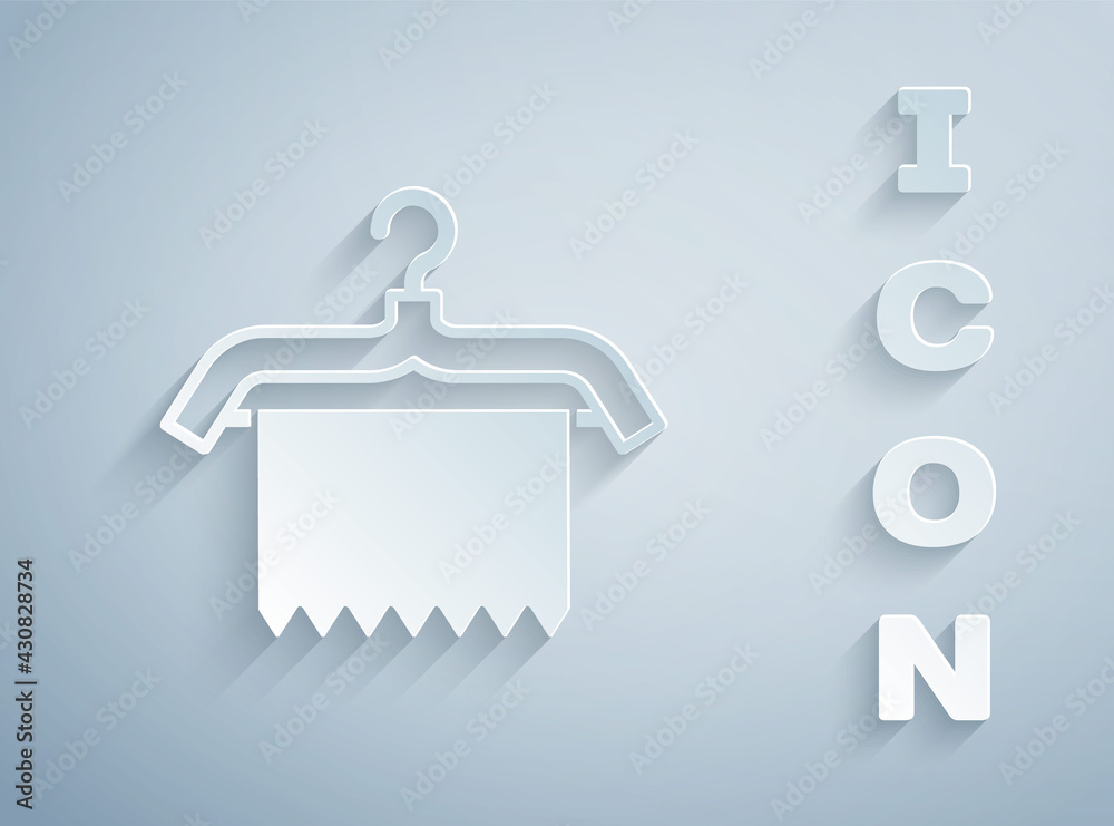 Paper cut Hanger wardrobe icon isolated on grey background. Clean towel sign. Cloakroom icon. Clothes service symbol. Laundry hanger. Paper art style. Vector Paper cut Hanger wardrobe icon isolated on grey background. Clean towel sign. Cloakroom icon. Clothes service symbol. Laundry hanger. Paper art style. Vector