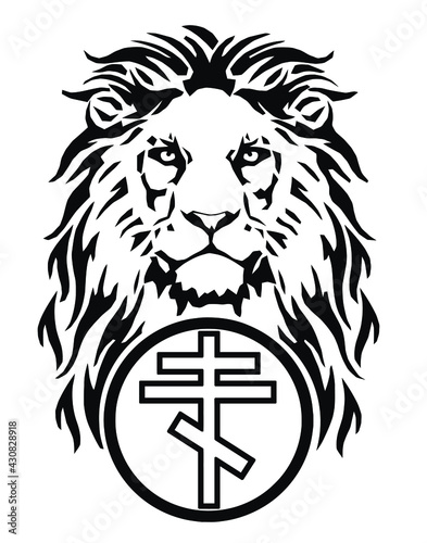 The Lion's head and the symbol of Christianity - the catholic cross, drawing for tattoo, on a white background, illustration, black and white, vector 