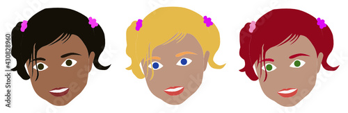 tres rostros de niñas sonriente - morena, rubia, colorada. fondo transparente