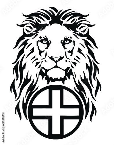 The Lion's head and the symbol of Christianity - the catholic cross, drawing for tattoo, on a white background, illustration, black and white, vector 