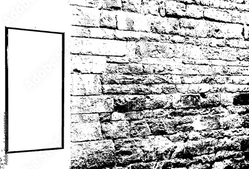 Retro blank ad on grime city grungy peeled aged stonewall. Messy breaking facade dirtied street. Bumpy vintage worn old brick design house. Pitted ruined uneven brickwall. Empty grunge menu backdrop