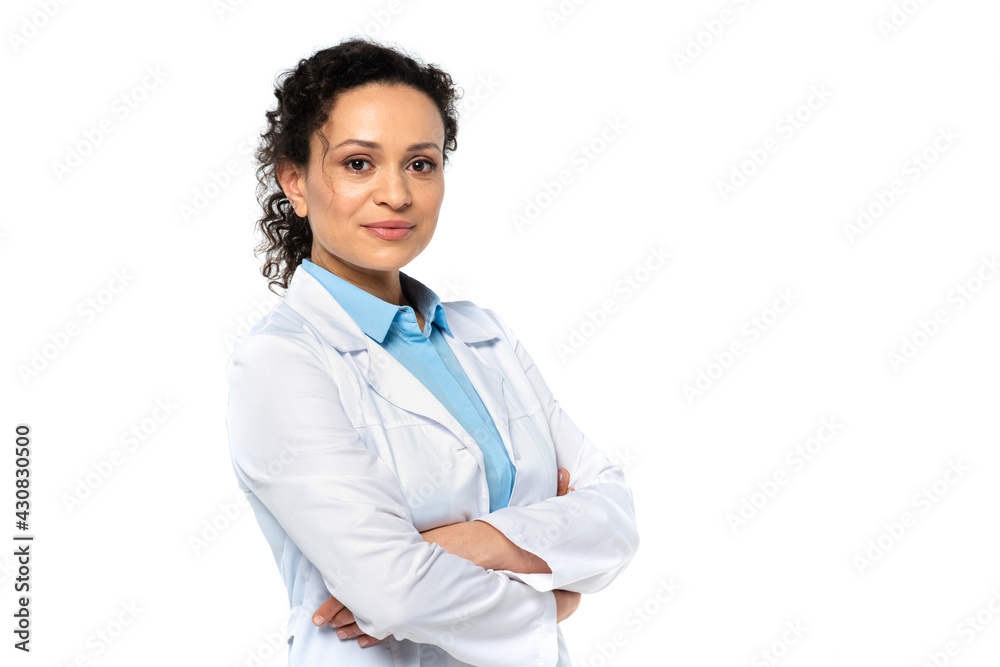 African american doctor with crossed arms isolated on white African american doctor with crossed arms isolated on white
