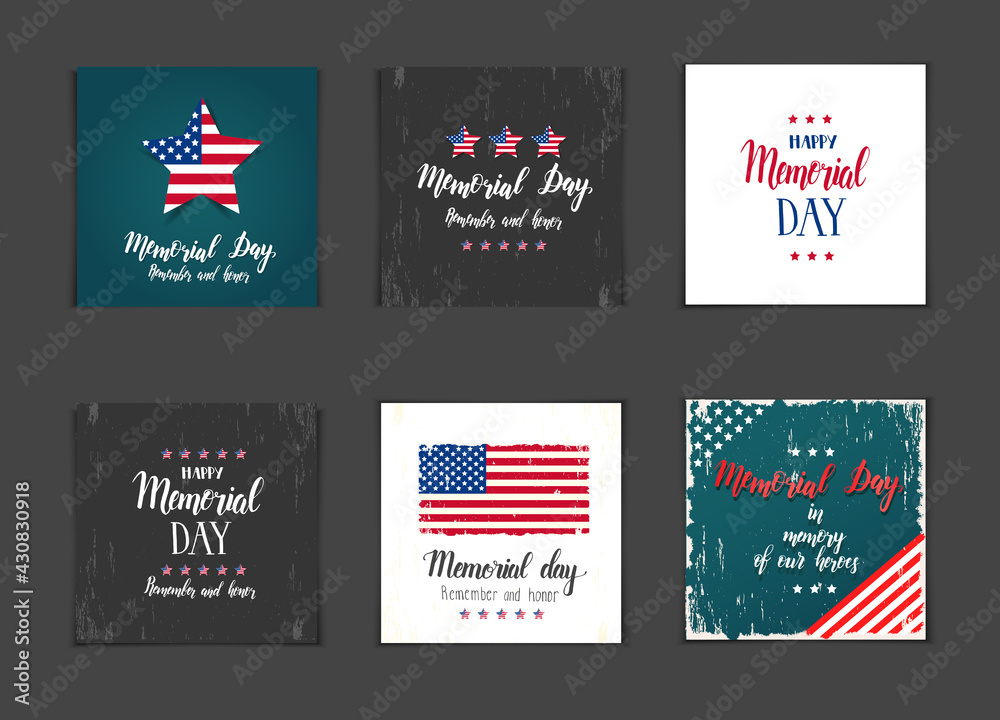 Memorial Day card set. National american holiday illustration with american flag, stars and Hand made lettering - Memorial day. Remember and honor. In memory of our heroes