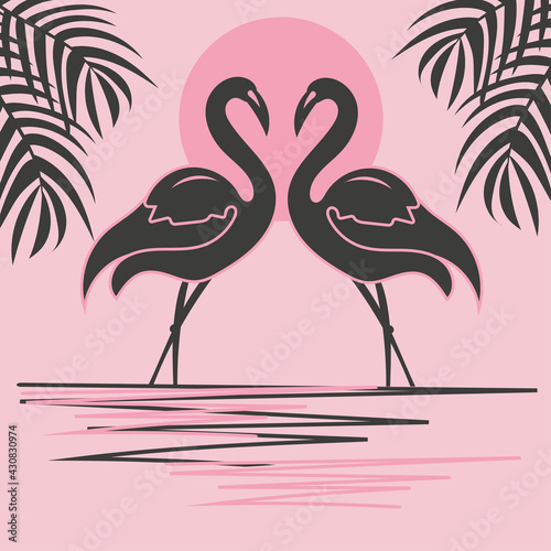 Two flamingos at sunset. A pair of bird silhouettes with palm branches on a pink background