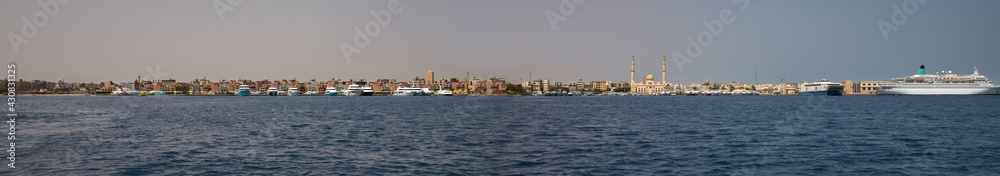 Panoramic view of the city of Hurghada from the Red Sea on a bright sunny day. Egypt.