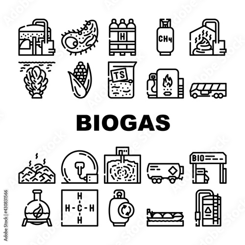 Biogas Energy Fuel Collection Icons Set Vector. Biogas Refueling Station And Cylinder, Corn And Algae Natural Ingredient Of Gas, Methane And Hydrogen Black Contour Illustrations