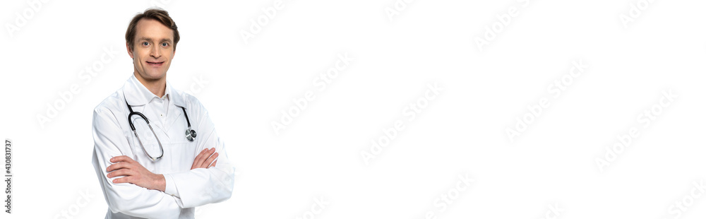Doctor with stethoscope smiling at camera isolated on white, banner Doctor with stethoscope smiling at camera isolated on white, banner