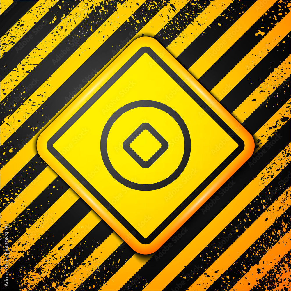 Black Chinese Yuan currency symbol icon isolated on yellow background. Coin money. Banking currency sign. Cash symbol. Warning sign. Vector