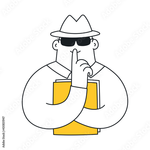 Confident information, a secret man in a hat and glasses hides some important documents. Thin line vector illustration on white. 
