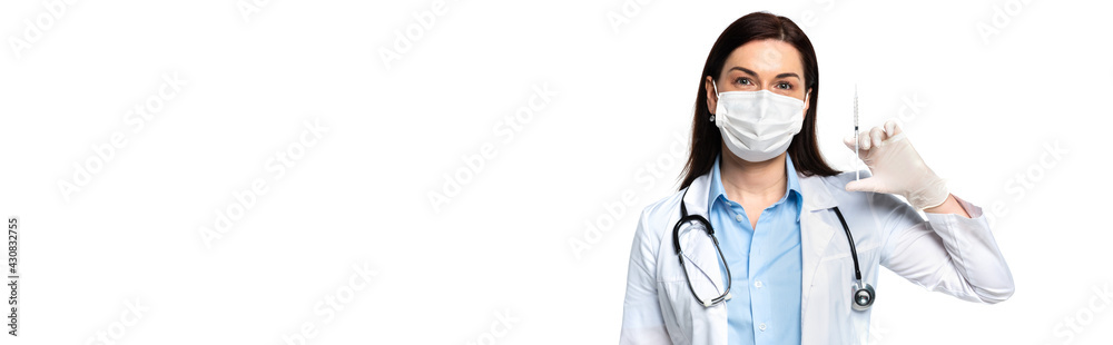 Doctor in medical mask and latex glove holding syringe with vaccine isolated on white, banner Doctor in medical mask and latex glove holding syringe with vaccine isolated on white, banner