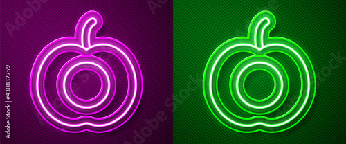 Glowing neon line Peach fruit or nectarine with leaf icon isolated on purple and green background. Vector