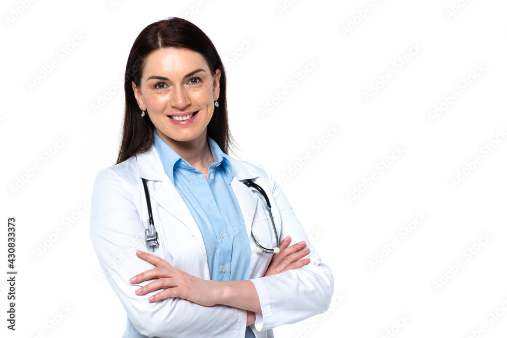 Smiling doctor in white coat looking at camera isolated on white Smiling doctor in white coat looking at camera isolated on white