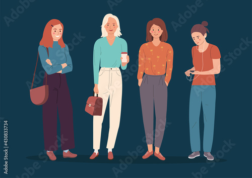 Different young women standing isolated. Vector flat cartoon style  illustration