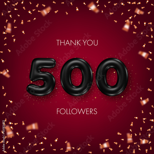 Thank you followers. Social media achievement poster with black 3d numbers and confetti on dark red background