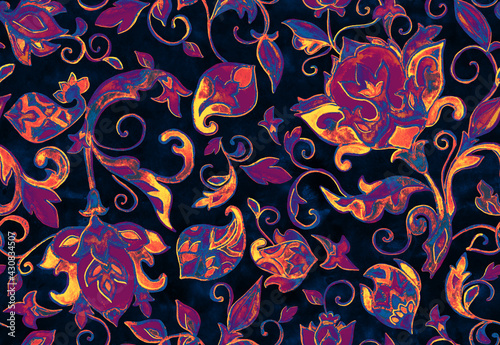 Paisley watercolor floral pattern tile: flowers, flores, tulips, leaves. Oriental indian traditional hand painted water color whimsical seamless print, ceramic design. Abstract india batik background
