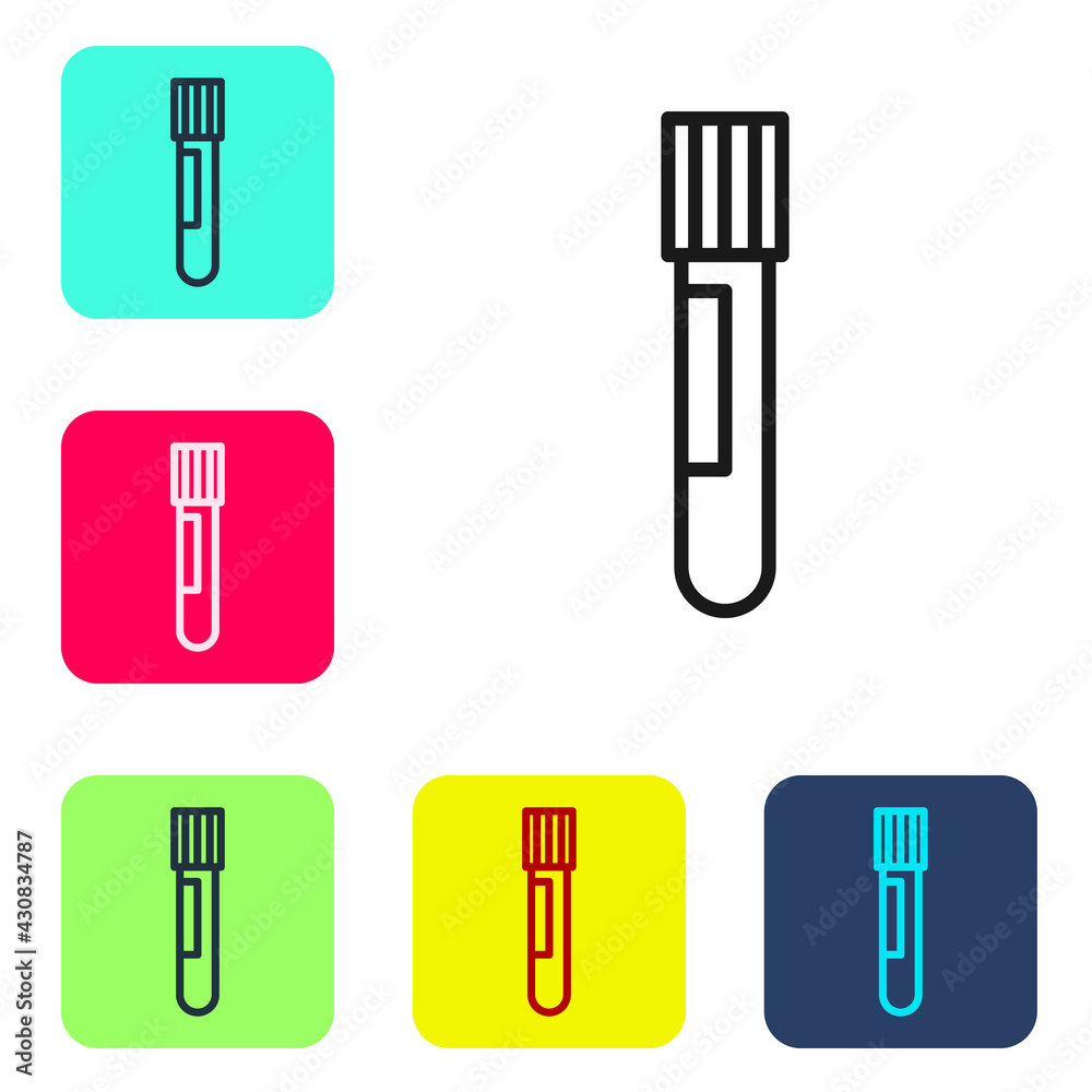 Black line Test tube and flask chemical laboratory test icon isolated on white background. Laboratory glassware sign. Set icons in color square buttons. Vector Black line Test tube and flask chemical laboratory test icon isolated on white background. Laboratory glassware sign. Set icons in color square buttons. Vector