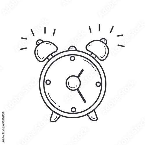 Doodle Ringing Vintage Alarm Clock with Bells in Sketch style. Hand Drawn Round Clock for Wake Up. Outline Elements for Business and School. Isolated on  white background.