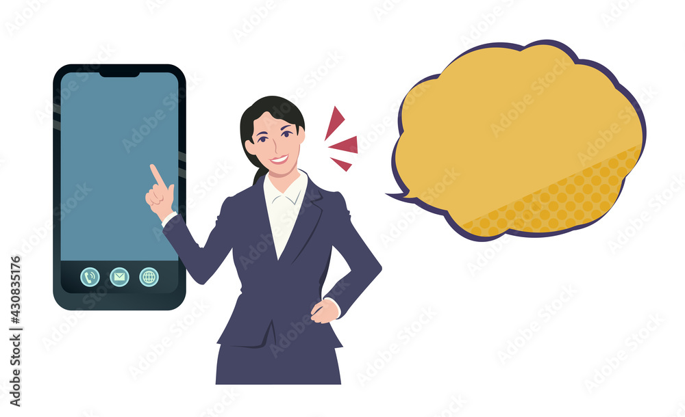 スマートフォンを指して説明しているスーツの女性 人物ベクターイラスト スマートフォンを指して説明しているスーツの女性 人物ベクターイラスト