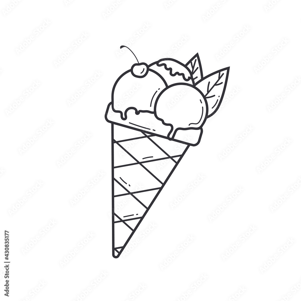 Vector Doodle Ice Cream in Sketch style. Hand Drawn Waffle Cone with Ice Cream Balls,Glaze.Outline Summer Dessert isolated on white background. Vector Doodle Ice Cream in Sketch style. Hand Drawn Waffle Cone with Ice Cream Balls,Glaze.Outline Summer Dessert isolated on white background.