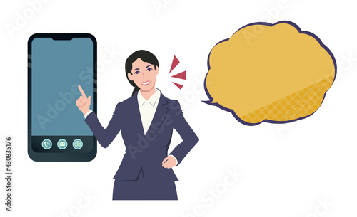 スマートフォンを指して説明しているスーツの女性　人物ベクターイラスト