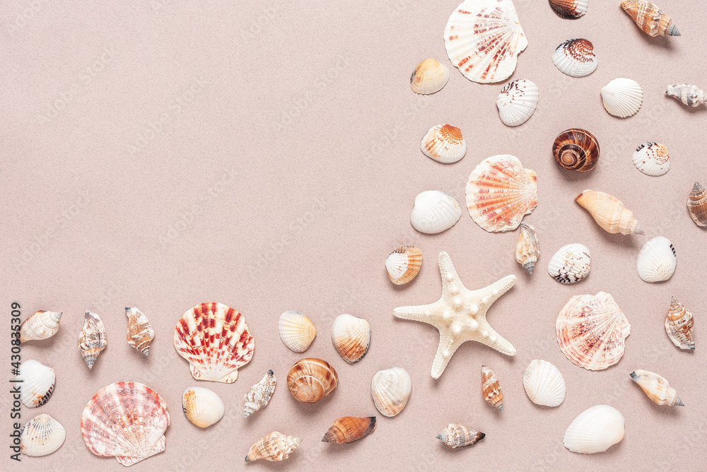 Collection of various seashells on beige craft paper, corner frame. Summer composition. Beach background. Top view, flat lay. Collection of various seashells on beige craft paper, corner frame. Summer composition. Beach background. Top view, flat lay.