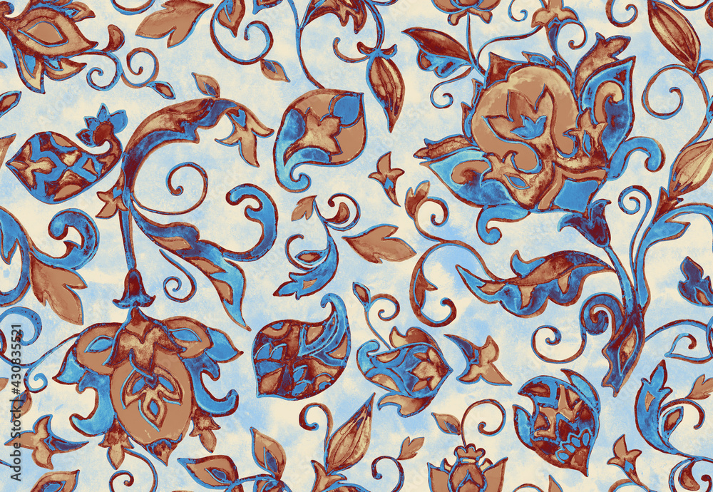 Fototapeta premium Paisley watercolor floral pattern tile: flowers, flores, tulips, leaves. Oriental indian traditional hand painted water color whimsical seamless print, ceramic design. Abstract india batik background