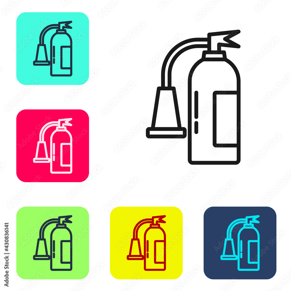 Black line Fire extinguisher icon isolated on white background. Set icons in color square buttons. Vector Black line Fire extinguisher icon isolated on white background. Set icons in color square buttons. Vector
