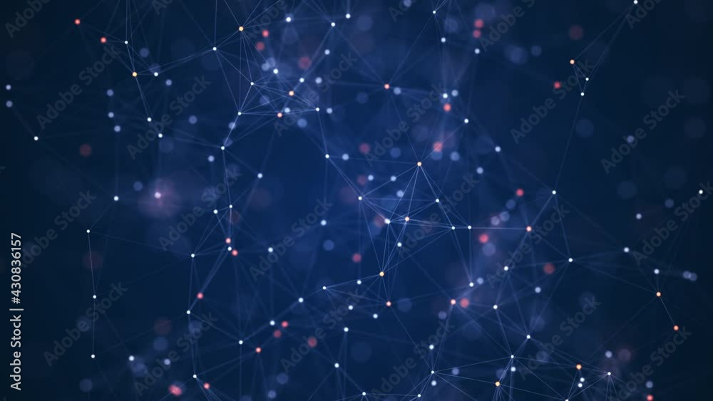Abstract connected dots and lines on blue background. Communication and technology network concept with moving lines and dots.