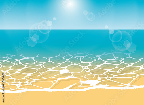 美しい浜辺のイラスト。透明で透き通った海と砂浜。