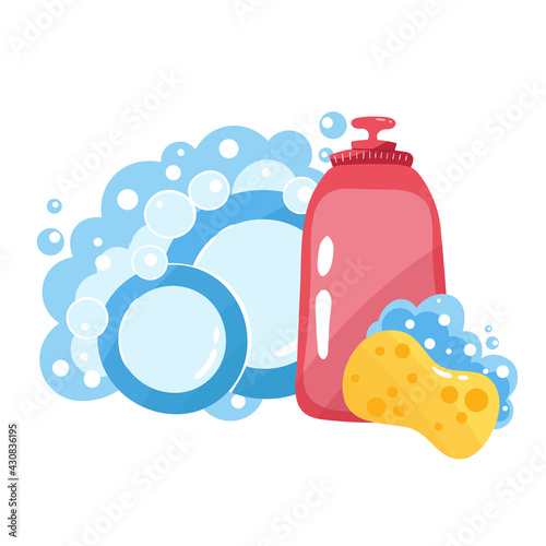 Cute clean plates, sponge and detergent bottle with bubbles and foam isolated on white background. Hand drawn vector illustration in cartoon style.
