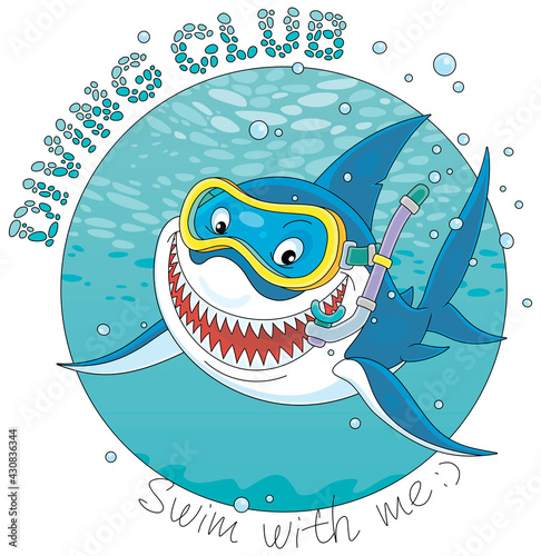 T-shirt design of a diving club with a funny great white shark swimming with a mask and a snorkel in blue water of a tropical sea, vector cartoon illustration isolated on a white background
