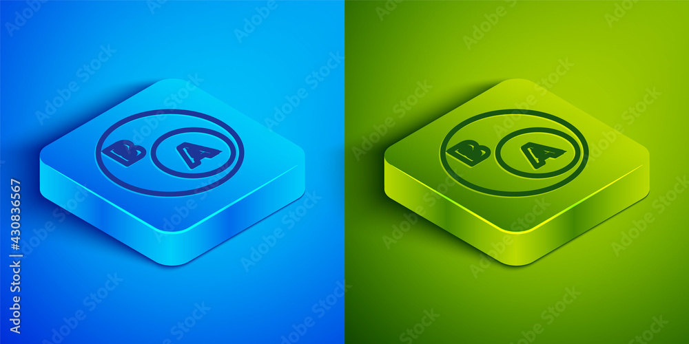 Isometric line Subsets, mathematics, a is subset of b icon isolated on blue and green background. Square button. Vector Isometric line Subsets, mathematics, a is subset of b icon isolated on blue and green background. Square button. Vector