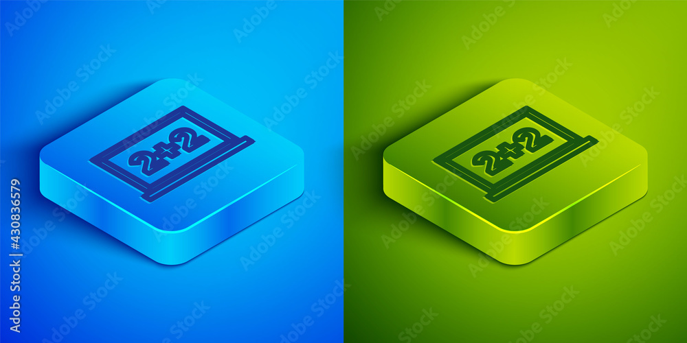 Isometric line Chalkboard icon isolated on blue and green background. School Blackboard sign. Square button. Vector Isometric line Chalkboard icon isolated on blue and green background. School Blackboard sign. Square button. Vector