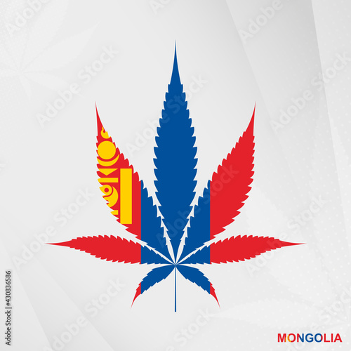 Flag of Mongolia in Marijuana leaf shape. The concept of legalization Cannabis in Mongolia.