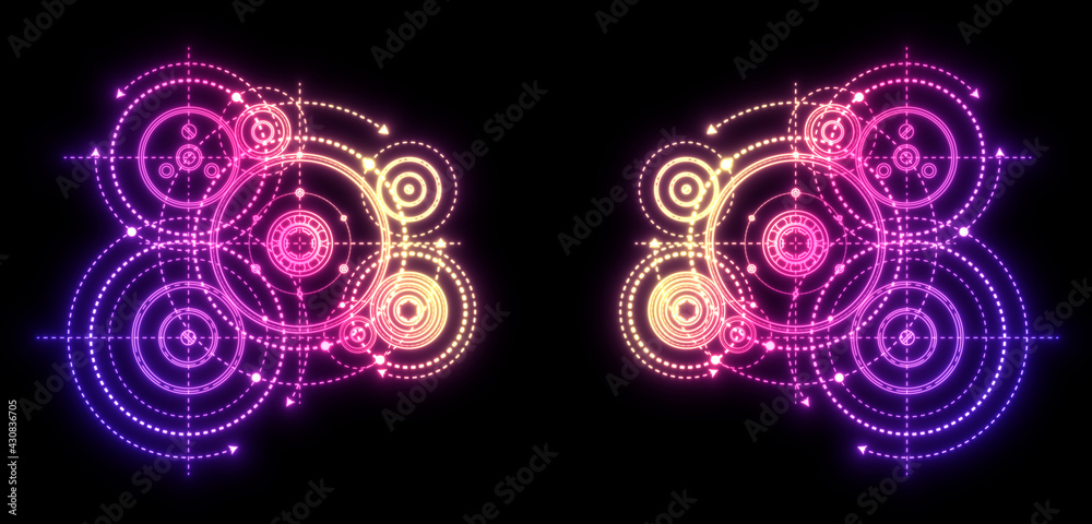 Neon gears.Technical engineering banner.Rotating gear.Machine technology. illustration. Neon gears.Technical engineering banner.Rotating gear.Machine technology. illustration.