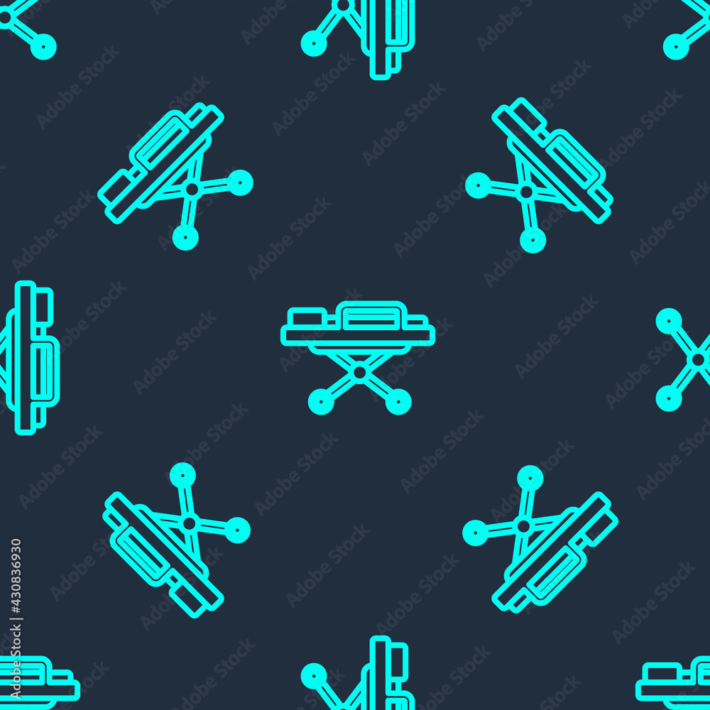 Green line Stretcher icon isolated seamless pattern on blue background. Patient hospital medical stretcher. Vector Green line Stretcher icon isolated seamless pattern on blue background. Patient hospital medical stretcher. Vector