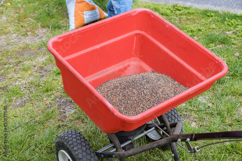 Landscapers gardener with sowing lawn grass seeds with a drop lawn spreader photo