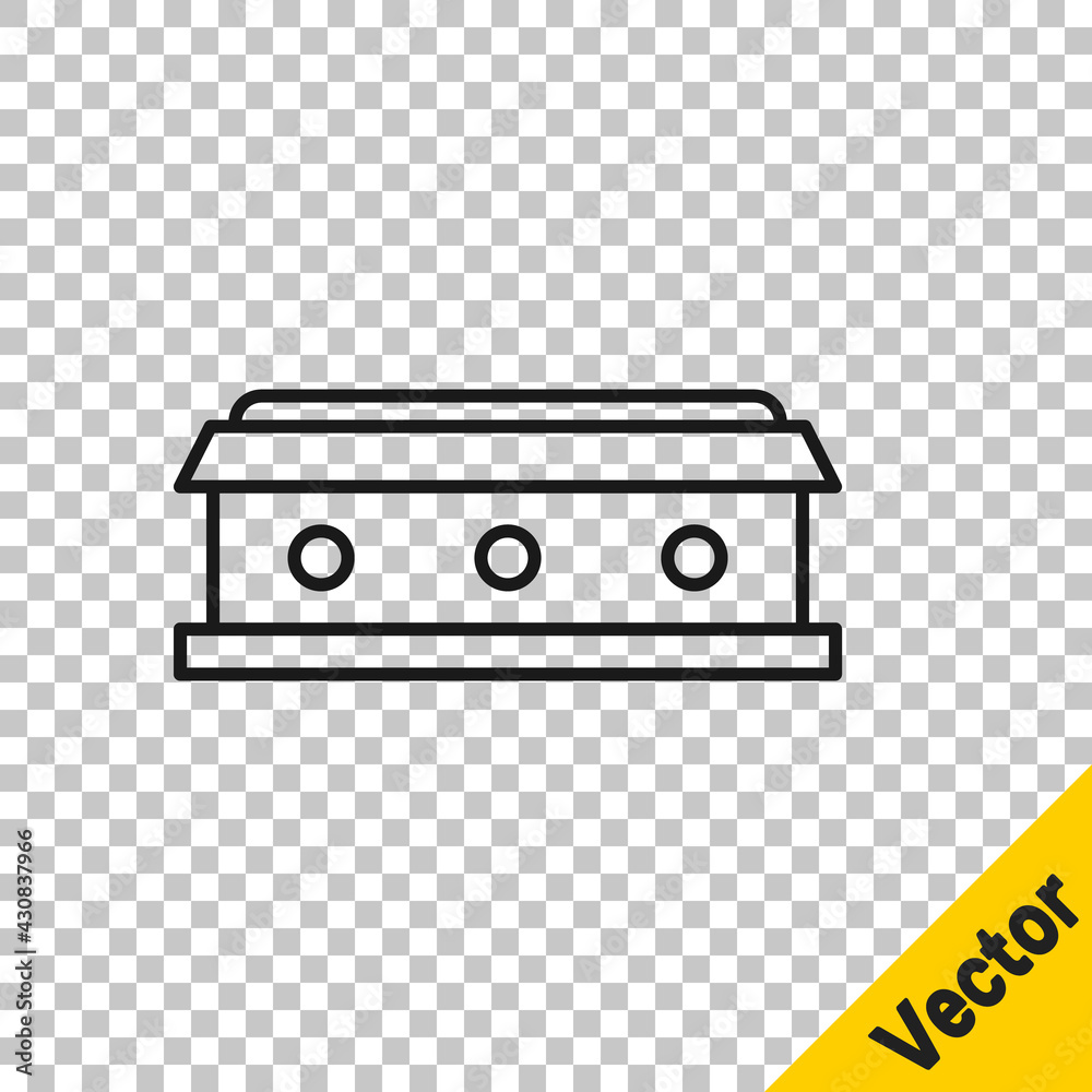 Black line Coffin with christian cross icon isolated on transparent background. Happy Halloween party. Vector Black line Coffin with christian cross icon isolated on transparent background. Happy Halloween party. Vector