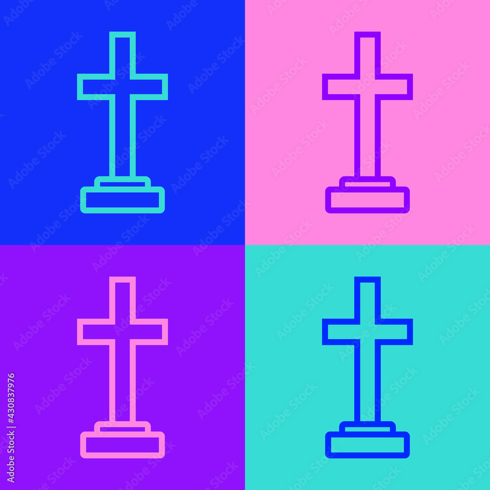Pop art line Grave with cross icon isolated on color background. Vector