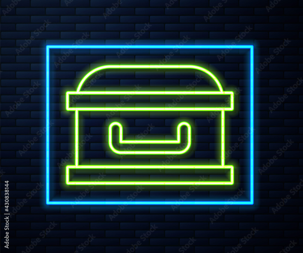 Glowing neon line Coffin with christian cross icon isolated on brick wall background. Happy Halloween party. Vector Glowing neon line Coffin with christian cross icon isolated on brick wall background. Happy Halloween party. Vector