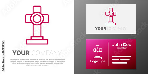 Logotype line Grave with cross icon isolated on white background. Logo design template element. Vector