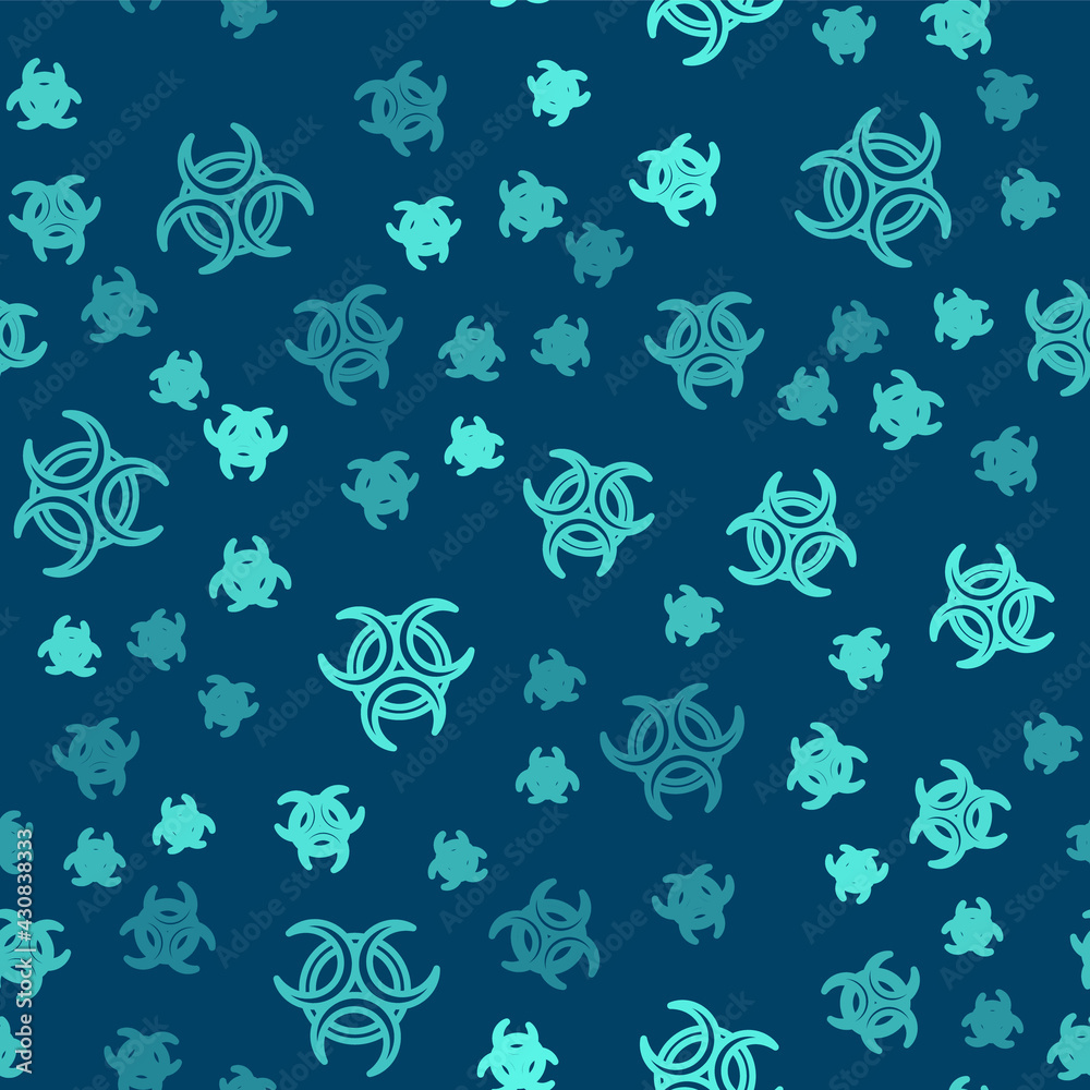 Green line Biohazard symbol icon isolated seamless pattern on blue background. Vector