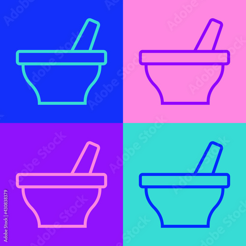 Pop art line Mortar and pestle icon isolated on color background. Vector